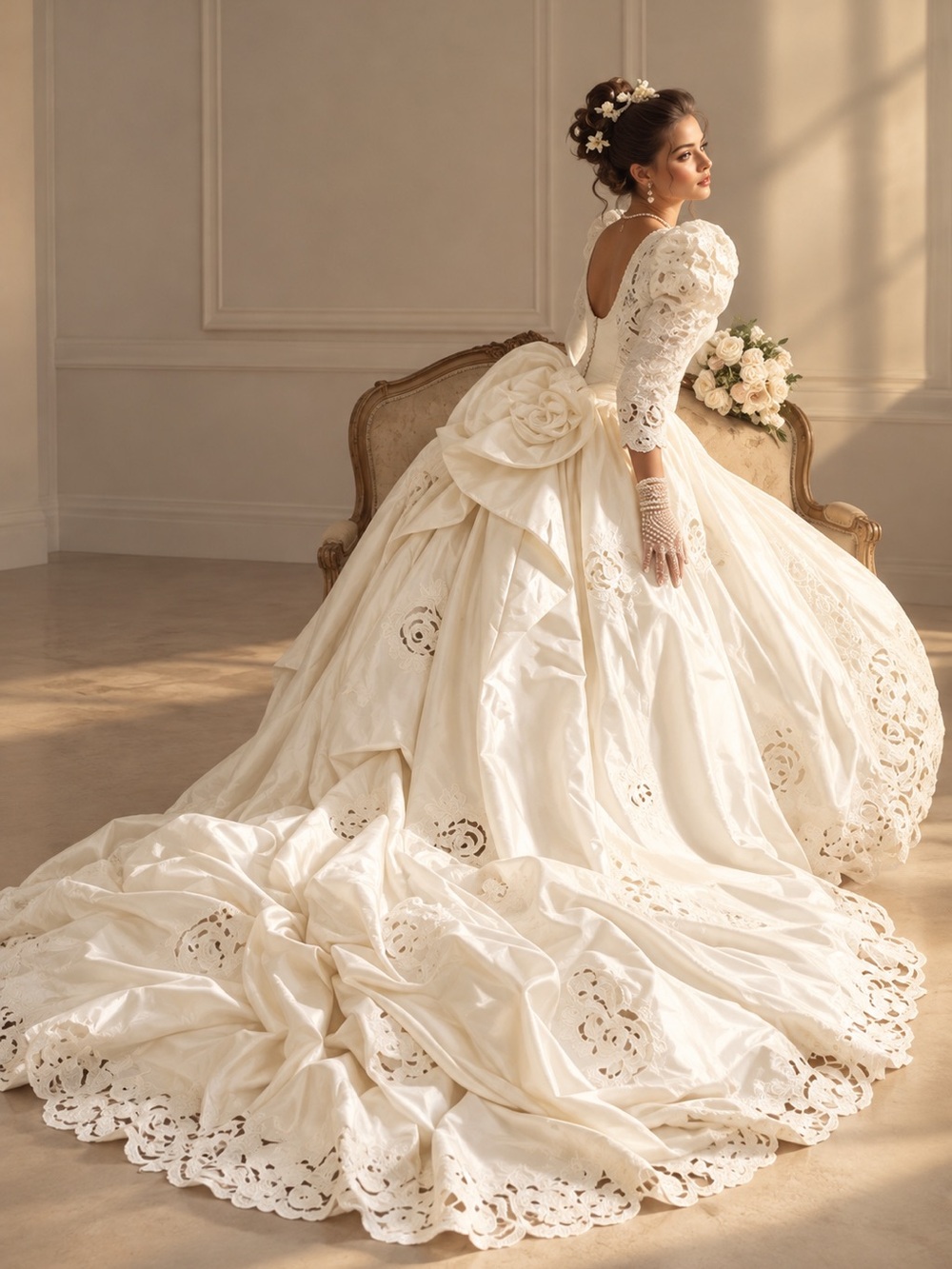 St. Pucchi Ivory Floral Puff-Sleeve Wedding Bride Vintage Dress